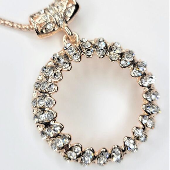 Crystal Circle Pendant Necklace, Rose gold tone Long Necklace - Picture 1 of 5